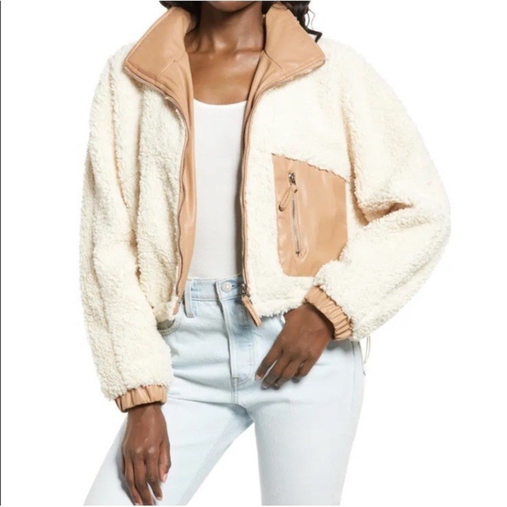 Blank NYC Women's Large Bomber Jacket Faux Shearling Sherpa Vegan Leather Trim